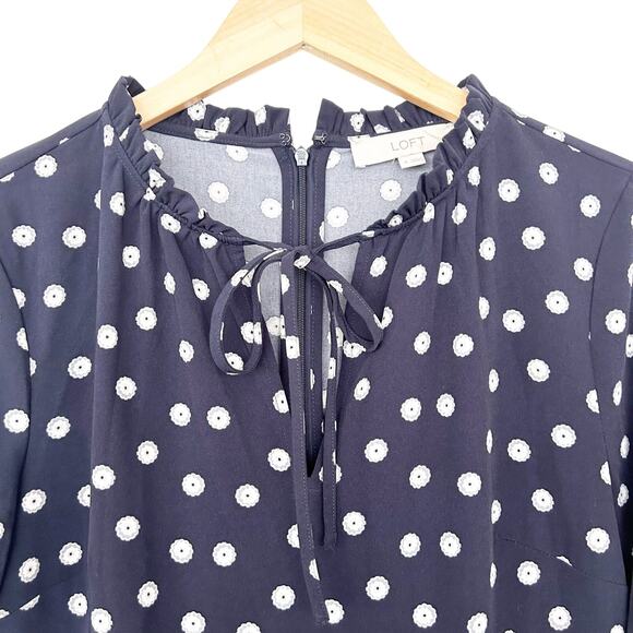 Loft Navy Blue White Polka Dot Long Sleeve Dress Sz 6 - Picture 3 of 8